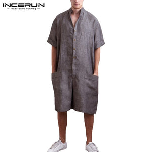 Vintage Men Rompers Pants Half Sleeve Cotton Pockets Playsuit Loose Men Cargo Overalls Jumpsuit Casual Trousers Men 2019 INCERUN