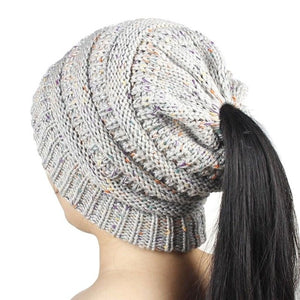 Women's Girl Stretch Knit Hat Messy Bun Ponytail Beanie Holey Warm Hats Winter