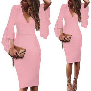 Vfemage Womens Sexy Deep V-neck Flare Bell Long Sleeves Elegant Work Business Casual Party Slim Sheath Bodycon Pencil Dress 7925