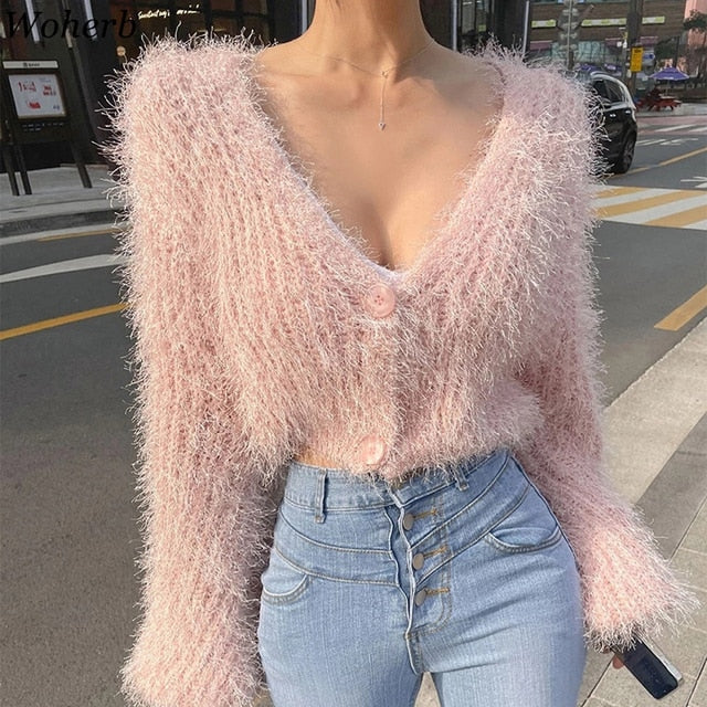 Woherb Sexy Short Cardigan Women Knitted Fluffy Mohair V-neck Sweater Coat 2022 Elegant Crop Long Sleeve Autumn Thin Korean Chic - Cardigan