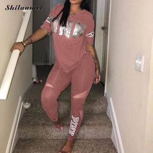 Women Set PINK Letter Print Sweatsuit Women Casual Plus Size Tops Skinny Pants Sweat Suit Two Piece Tracksuit 2 Piece Set S XXXL