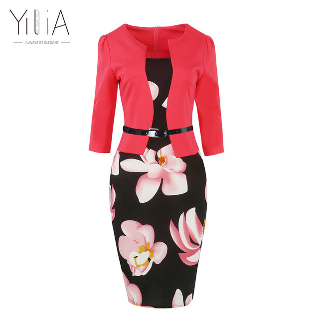 Yilia New Women One Piece Patchwork Floral Print Elegant Business Party Formal Office Plus Size Bodycon Pencil Casual Work Dress