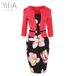 Yilia New Women One Piece Patchwork Floral Print Elegant Business Party Formal Office Plus Size Bodycon Pencil Casual Work Dress