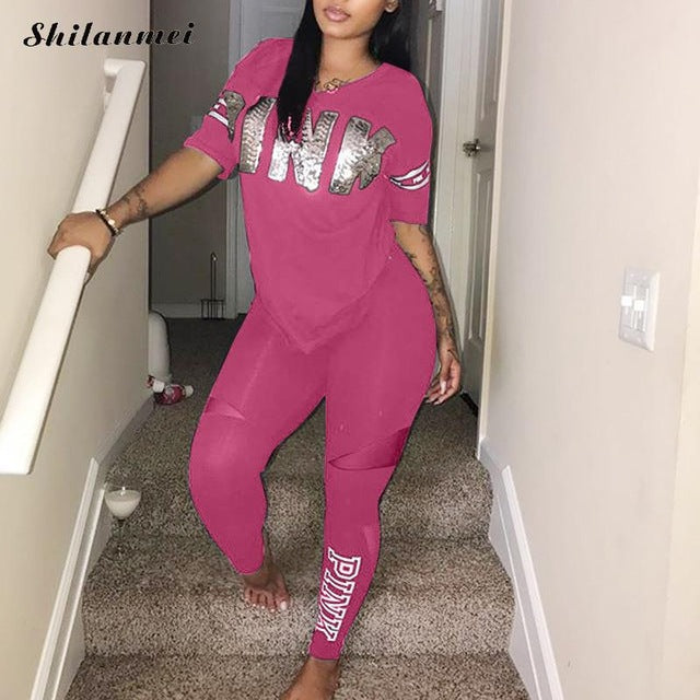 Women Set PINK Letter Print Sweatsuit Women Casual Plus Size Tops Skinny Pants Sweat Suit Two Piece Tracksuit 2 Piece Set S XXXL