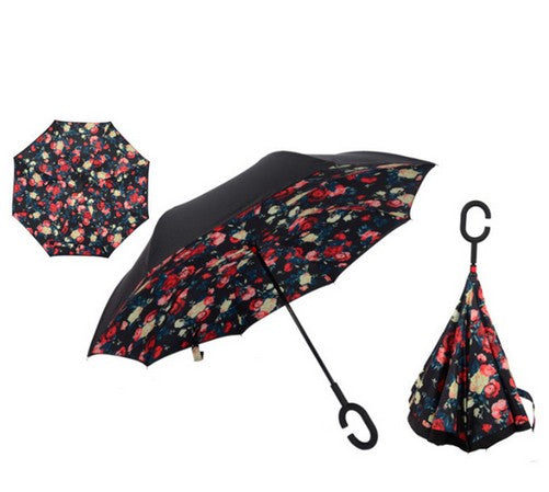 Windproof Reverse Folding Double Layer inverted car Umbrella Self Stand upside down women's rain umbrella c handle drop shipping