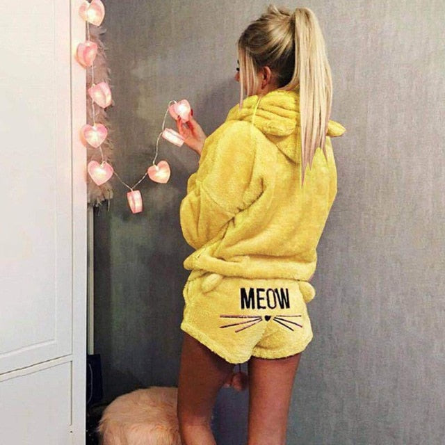 Women Coral Velvet Suit Two Piece Autumn Winter Pajamas Warm Sleepwear Cute Cat Meow Pattern Hoodies Shorts Set 2018 New