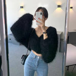 Load image into Gallery viewer, Woherb Sexy Short Cardigan Women Knitted Fluffy Mohair V-neck Sweater Coat 2022 Elegant Crop Long Sleeve Autumn Thin Korean Chic - Cardigan
