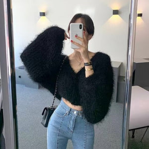 Woherb Sexy Short Cardigan Women Knitted Fluffy Mohair V-neck Sweater Coat 2022 Elegant Crop Long Sleeve Autumn Thin Korean Chic - Cardigan