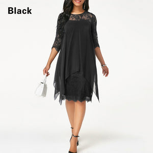 Plus Size Chiffon Dresses Women New Fashion Chiffon Overlay Three Quarter Sleeve Stitching Irregular Hem Lace Dress