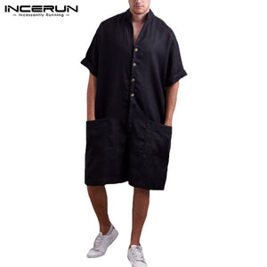 Vintage Men Rompers Pants Half Sleeve Cotton Pockets Playsuit Loose Men Cargo Overalls Jumpsuit Casual Trousers Men 2019 INCERUN