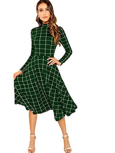 Floerns Women's High Neck Plaid Fit and Flare Midi Dress