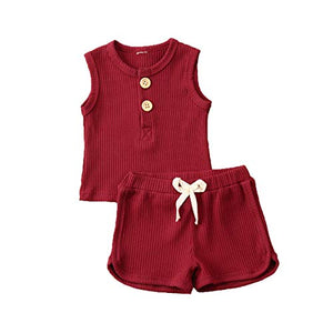 Newborn Baby Boys Girls Summer Outfits Infant Ribbed Knitted Cotton Short Sleeve T-Shirt + Shorts Two Piece Clothes Set