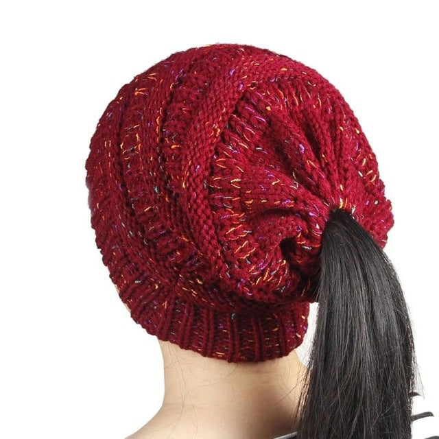 Women's Girl Stretch Knit Hat Messy Bun Ponytail Beanie Holey Warm Hats Winter