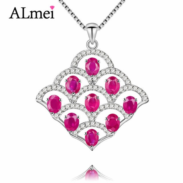 Almei Women 9pcs 0.3ct Ruby Pendant Folding Fan Shape Necklaces Large Pendants Jewelry for Wedding Engagement with Box CN020