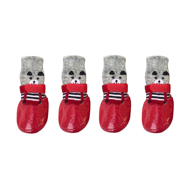 4pcs/set Cute Cotton Dog Shoes Waterproof Non-slip Rubber Cats Dogs Socks For Chihuahua Puppy Cat Rain Snow Boots Pet Products - Dog Shoes