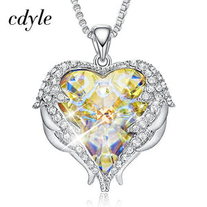 Cdyle Fashion Women Copper Material Necklace with Colorful Crystal Angel Wings Heart Pendant Necklace Birthday Party Gift