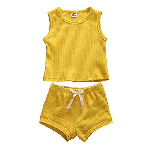 Newborn Baby Boys Girls Summer Outfits Infant Ribbed Knitted Cotton Short Sleeve T-Shirt + Shorts Two Piece Clothes Set