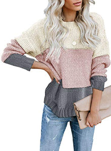 CANIKAT Women's Crewneck Color Block Striped Sweater Long Sleeve Loose Knit Pullover Jumper Tops