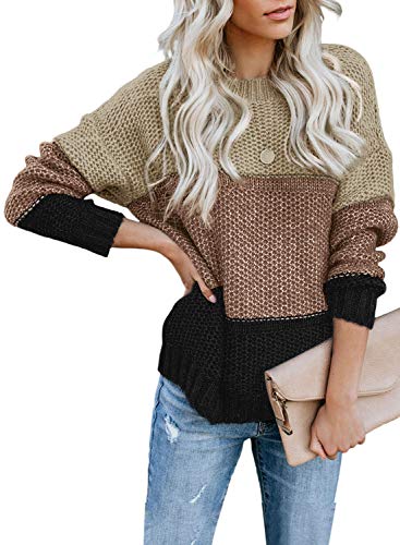 CANIKAT Women's Crewneck Color Block Striped Sweater Long Sleeve Loose Knit Pullover Jumper Tops