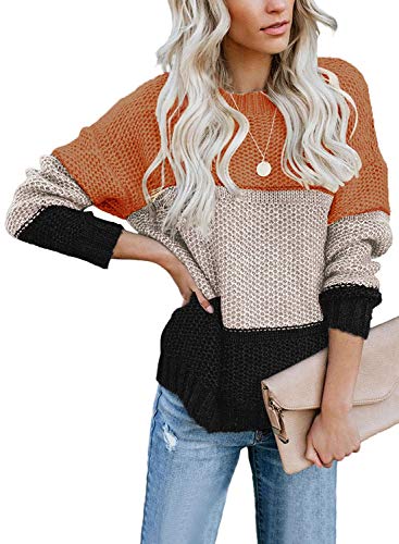 CANIKAT Women's Crewneck Color Block Striped Sweater Long Sleeve Loose Knit Pullover Jumper Tops