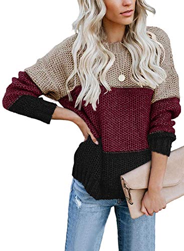 CANIKAT Women's Crewneck Color Block Striped Sweater Long Sleeve Loose Knit Pullover Jumper Tops