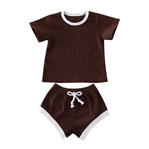 Newborn Baby Boys Girls Summer Outfits Infant Ribbed Knitted Cotton Short Sleeve T-Shirt + Shorts Two Piece Clothes Set