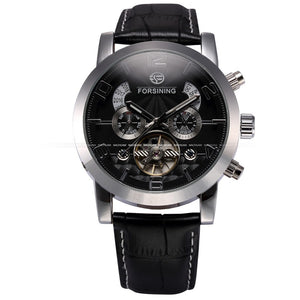 Forsining Auto Mechanical Watch Tourbillon Stainless Steel Case Leather Strap Black Dial Date Year Month Display Men Wristwatch