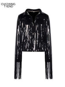 Women Jacket Spring 2022 Tassel Sequin Jacket Fashion Fringed Retro Long-sleeved Silver Reflective Jacket Women Outwear Tops