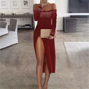 Autumn Women Sexy Rhinestone Strapless Long Sleeve Bright Slim Split Skirt Dress Party Bare Legged Dinner Dress Diamond| |