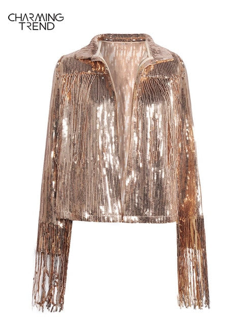 Women Jacket Spring 2022 Tassel Sequin Jacket Fashion Fringed Retro Long-sleeved Silver Reflective Jacket Women Outwear Tops