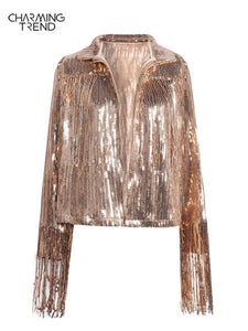 Women Jacket Spring 2022 Tassel Sequin Jacket Fashion Fringed Retro Long-sleeved Silver Reflective Jacket Women Outwear Tops