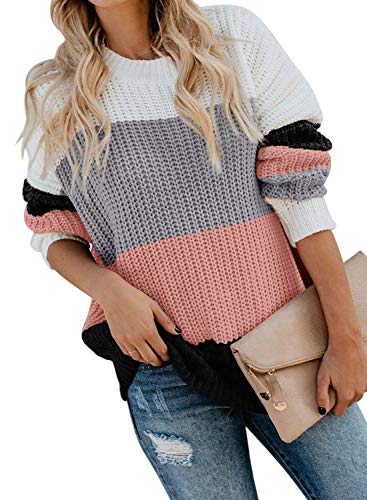 CANIKAT Women's Crewneck Color Block Striped Sweater Long Sleeve Loose Knit Pullover Jumper Tops