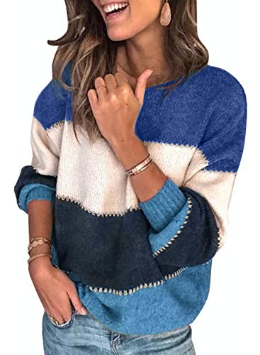 CANIKAT Women's Crewneck Color Block Striped Sweater Long Sleeve Loose Knit Pullover Jumper Tops