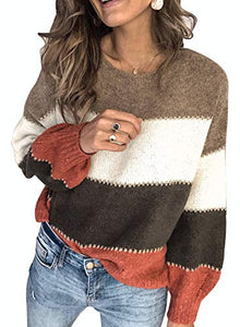 CANIKAT Women's Crewneck Color Block Striped Sweater Long Sleeve Loose Knit Pullover Jumper Tops