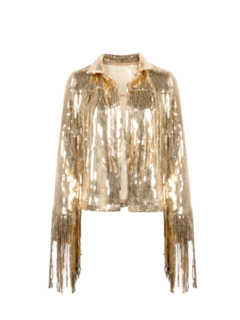 Women Jacket Spring 2022 Tassel Sequin Jacket Fashion Fringed Retro Long-sleeved Silver Reflective Jacket Women Outwear Tops