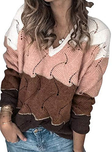 CANIKAT Women's Crewneck Color Block Striped Sweater Long Sleeve Loose Knit Pullover Jumper Tops