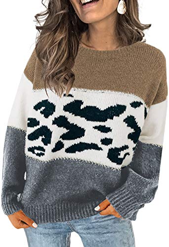 CANIKAT Women's Crewneck Color Block Striped Sweater Long Sleeve Loose Knit Pullover Jumper Tops