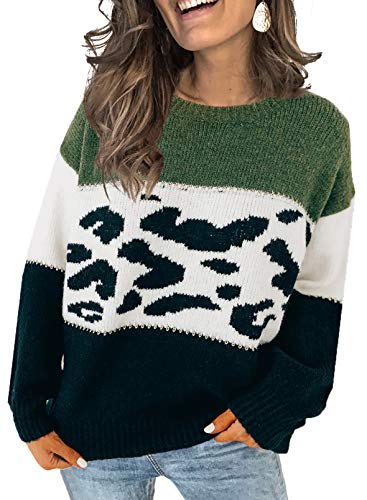 CANIKAT Women's Crewneck Color Block Striped Sweater Long Sleeve Loose Knit Pullover Jumper Tops