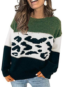 CANIKAT Women's Crewneck Color Block Striped Sweater Long Sleeve Loose Knit Pullover Jumper Tops