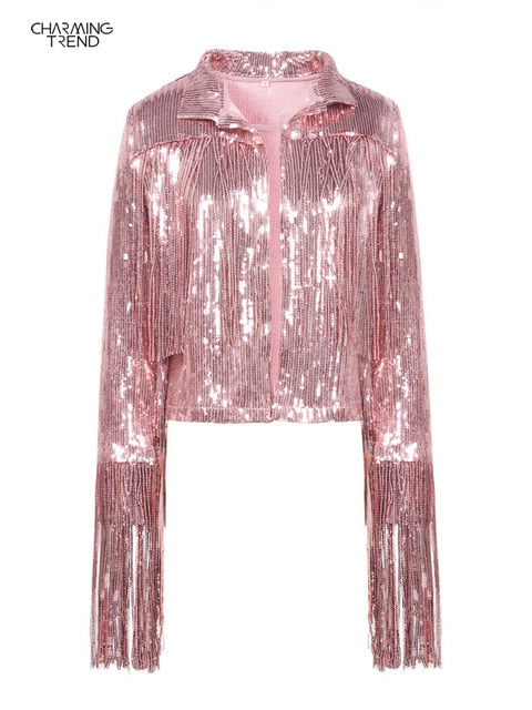 Women Jacket Spring 2022 Tassel Sequin Jacket Fashion Fringed Retro Long-sleeved Silver Reflective Jacket Women Outwear Tops