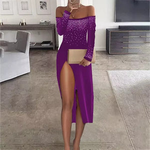 Autumn Women Sexy Rhinestone Strapless Long Sleeve Bright Slim Split Skirt Dress Party Bare Legged Dinner Dress Diamond| |