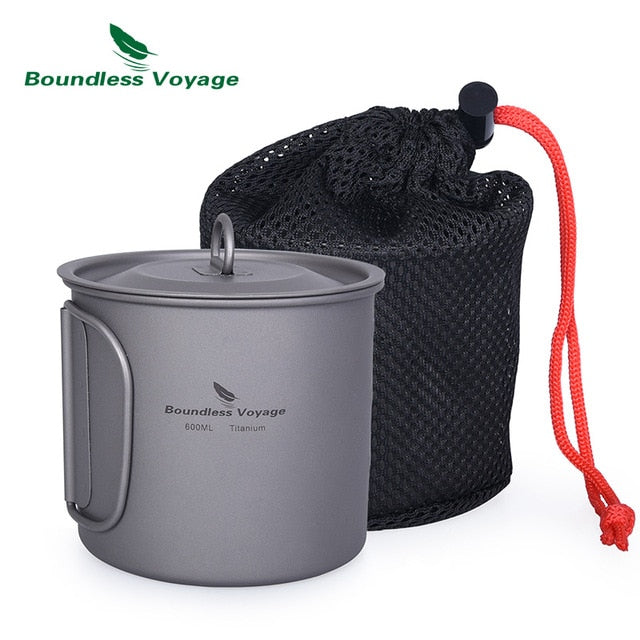 Boundess Voyage Titanium Cup Camping Hanging Pot with Folding Handle and Lid Outdoor Pot Picnic Cookware Tea Coffee Water Mug|Outdoor Tablewares|