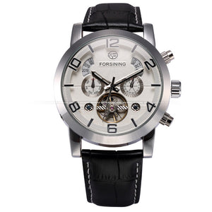 Forsining Auto Mechanical Watch Tourbillon Stainless Steel Case Leather Strap Black Dial Date Year Month Display Men Wristwatch