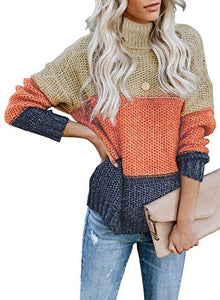 CANIKAT Women's Crewneck Color Block Striped Sweater Long Sleeve Loose Knit Pullover Jumper Tops