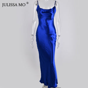 JULISSA MO Sexy Spaghetti Strap Backless Summer Dress Women Satin Lace Up Trumpet Long Dress Elegant Bodycon Party Dresses 2019|Dresses