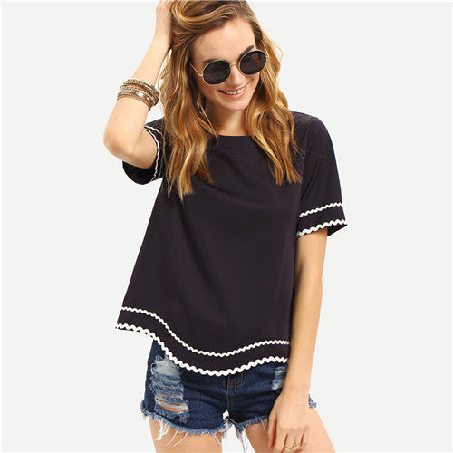 SheIn Women New Arrival Fashion Tops T-shirts Round Neck Navy Waved Print Trim Short Sleeve Casual T-shirt