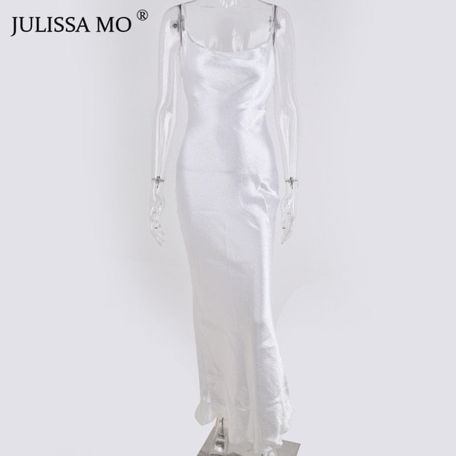 JULISSA MO Sexy Spaghetti Strap Backless Summer Dress Women Satin Lace Up Trumpet Long Dress Elegant Bodycon Party Dresses 2019|Dresses