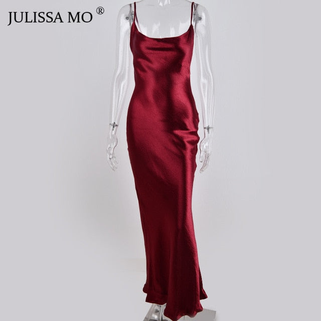 JULISSA MO Sexy Spaghetti Strap Backless Summer Dress Women Satin Lace Up Trumpet Long Dress Elegant Bodycon Party Dresses 2019|Dresses