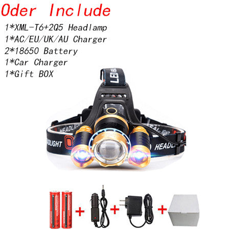 Led Headlight 8000Lm Rechargeable Headlamp Flashlight Head Torch Linterna Xml T6+2Q5 Use 18650 Battery Car Charger Fishing Light